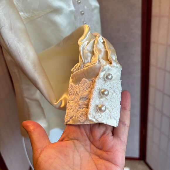 Hand Made Satin High Neck Blouse with Lace Trim and Pearl buttons - Picture 5 of 11